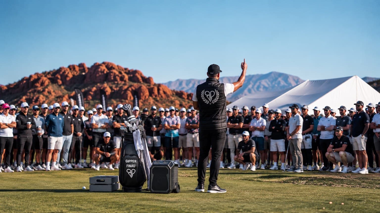 A community gathering around a golf coach at a previous Finau experience