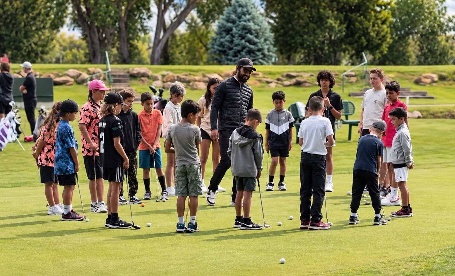 Junior golfers gathering at a previous Finau community experience