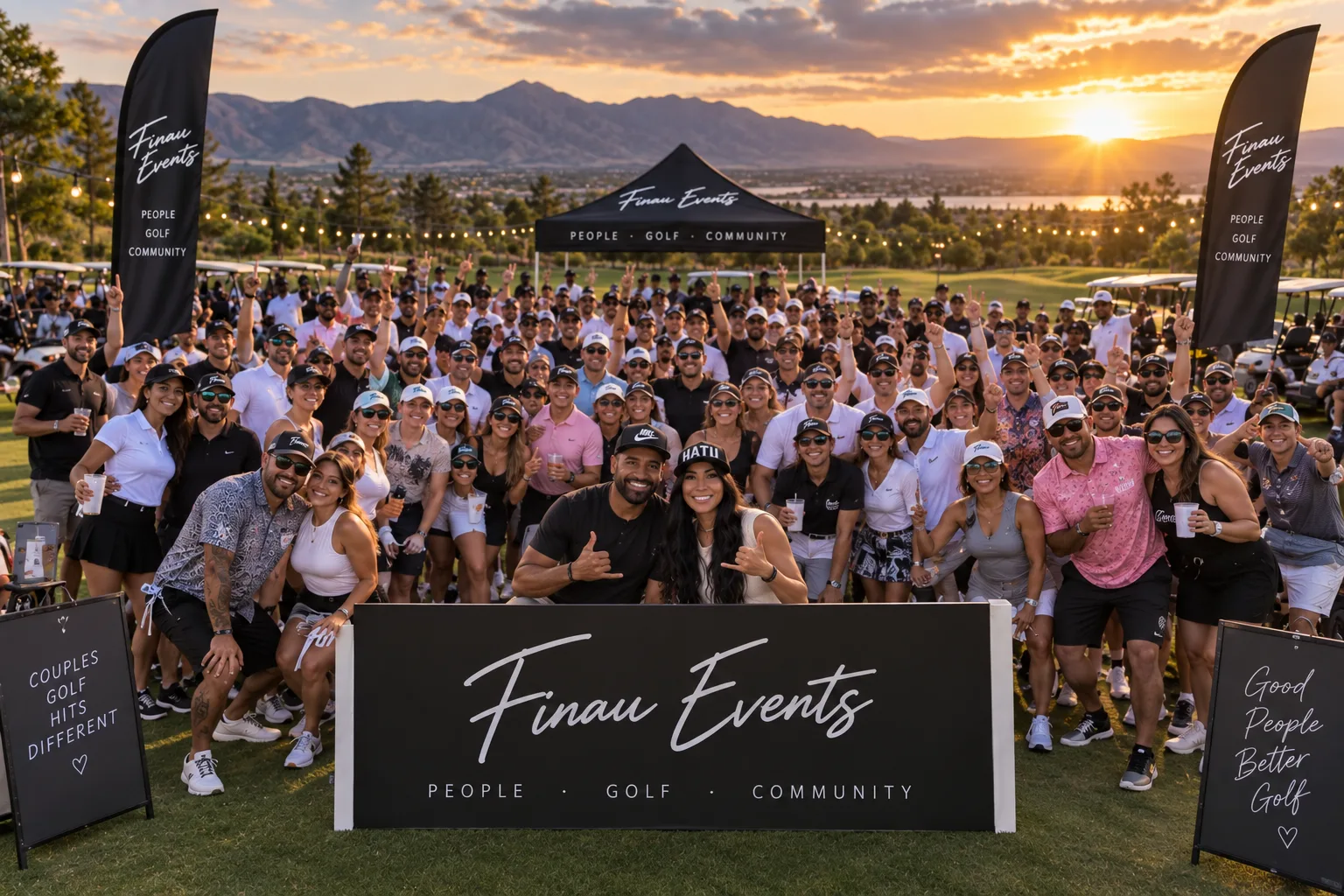 Guests gathered around a Finau Events sign at a past community gathering