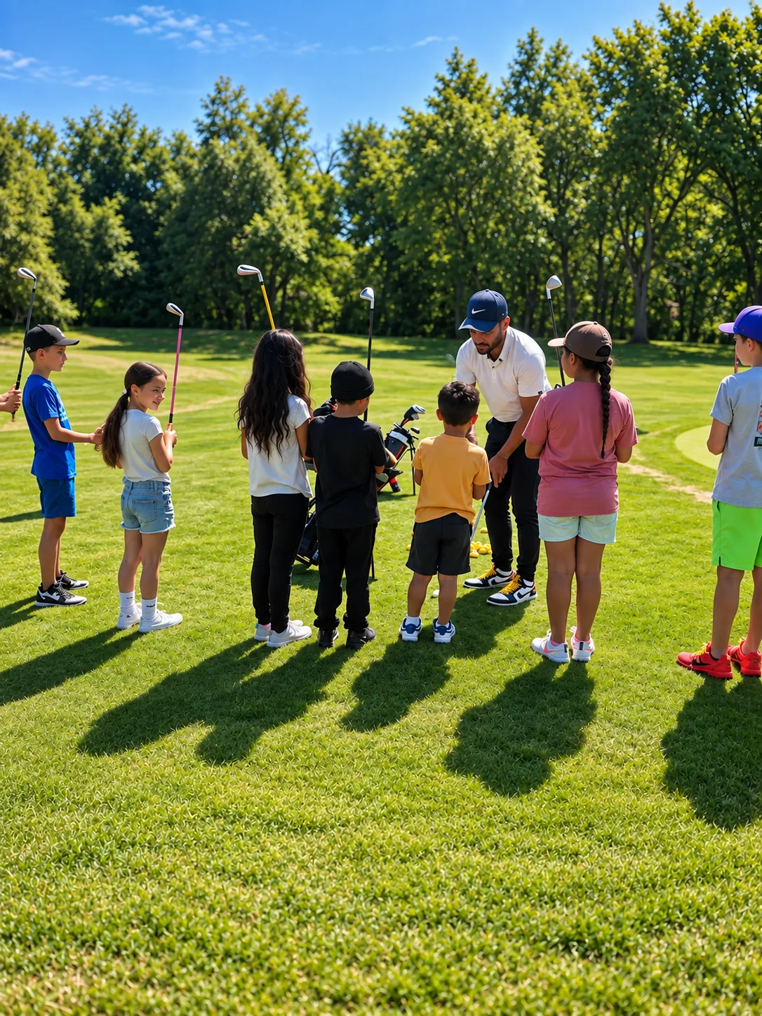 Young golfers gathered around their coach on a sunny practice green